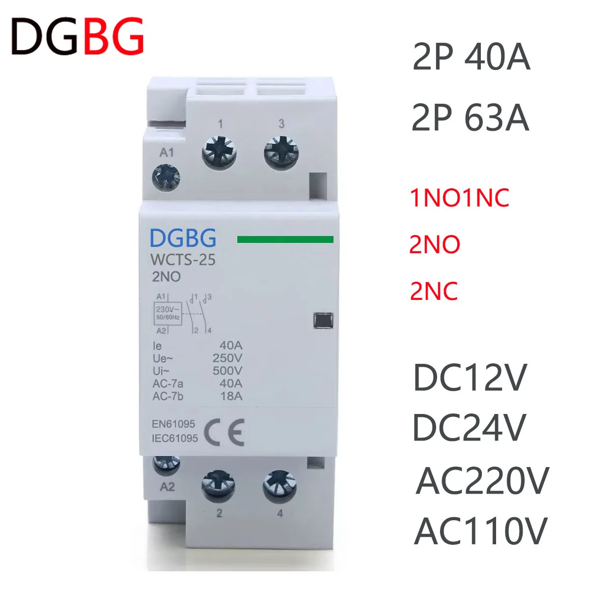DGBG WCTS-63 Household Contactor 2P 40A 63A 2NO or 2NC  1NO1NC 24V 110V  220V Automatic  Contactor Din Rail Type