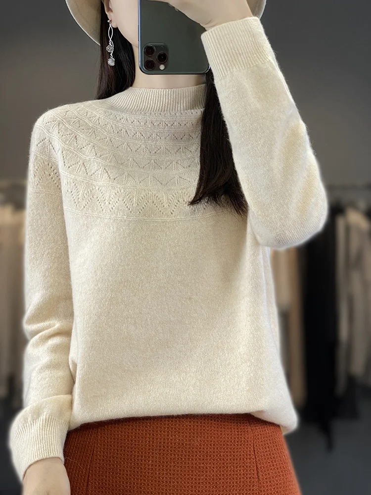 

Fashion 100% Merino Wool Sweater Mock Neck Cashmere Pullover Basic Autumn Winter Soft Hollow Out Long Sleeve Clothing Tops