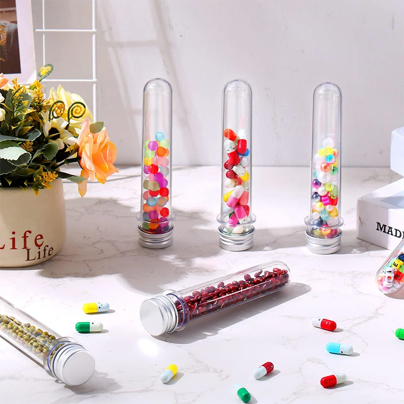 Plastic PET Test Tube com Alumínio Parafuso Tampas, Cilindro Tubos, Doces Container, Banho Sal Tubo, Transparente, 45ml, 20Pcs