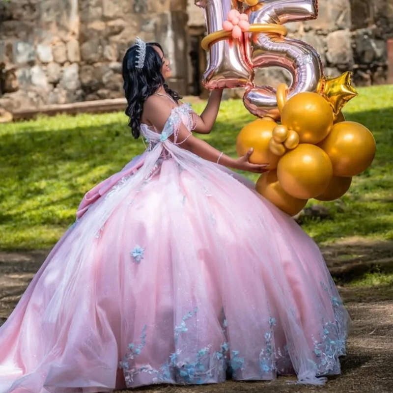 Customized light pink Quinceanera Dresses Off the Shoulder crystal decal Long tail Lace beads flower Vestido 15 Quinceanera