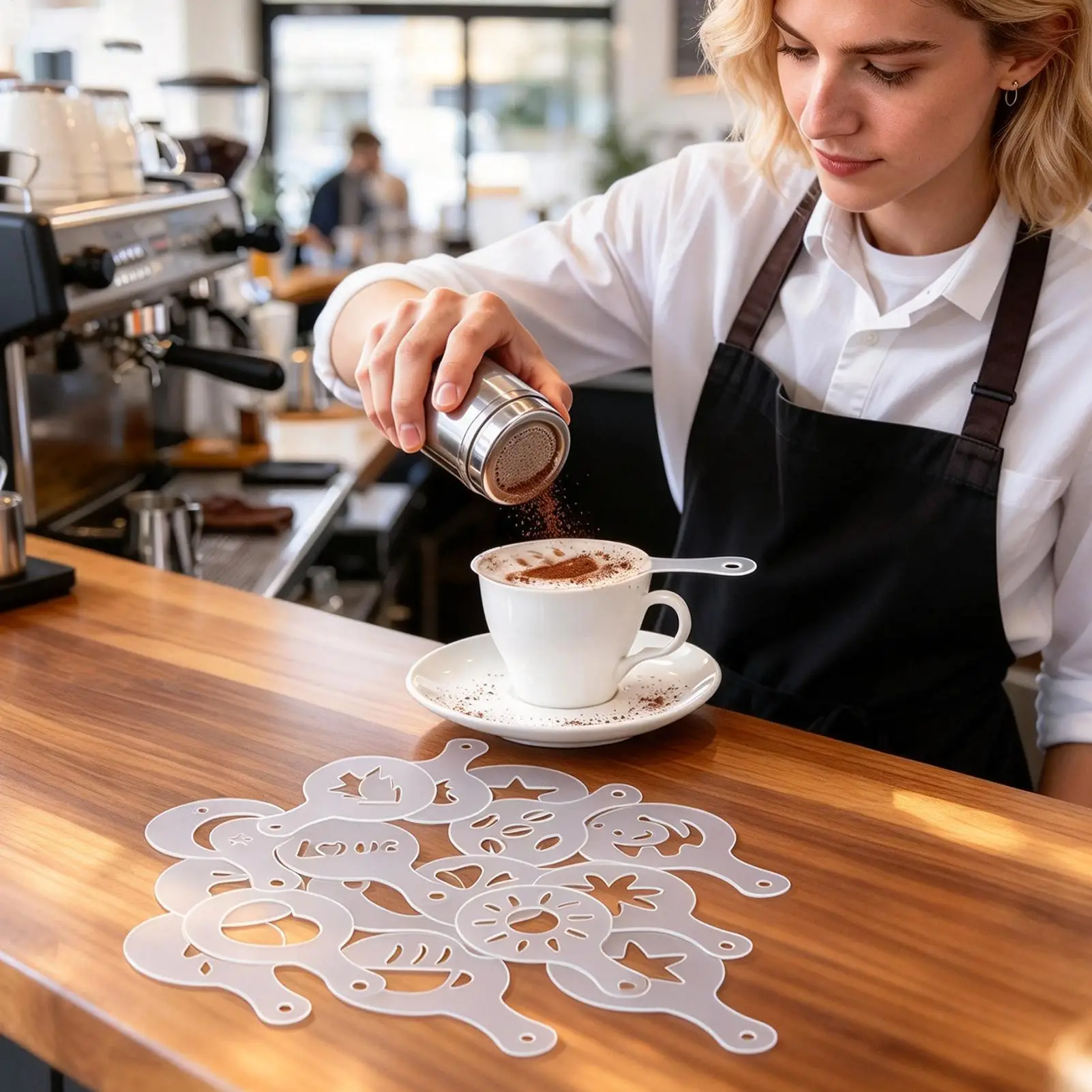 16pcs/Set ABS Chocolate Shaker Cocoa Flour Coffee Sifter 16Pcs Coffee Stencils Template Chocolate Cocoa Coffee Accessories