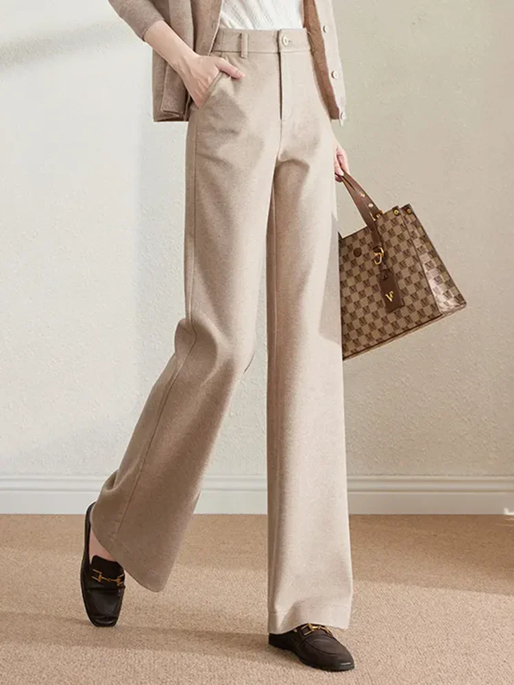 

High Waist Wool Blend Baggy Straight Pantalones Female Formal Loose Woolen Wide Leg Pants Women Office Thick Calcas Feminina New