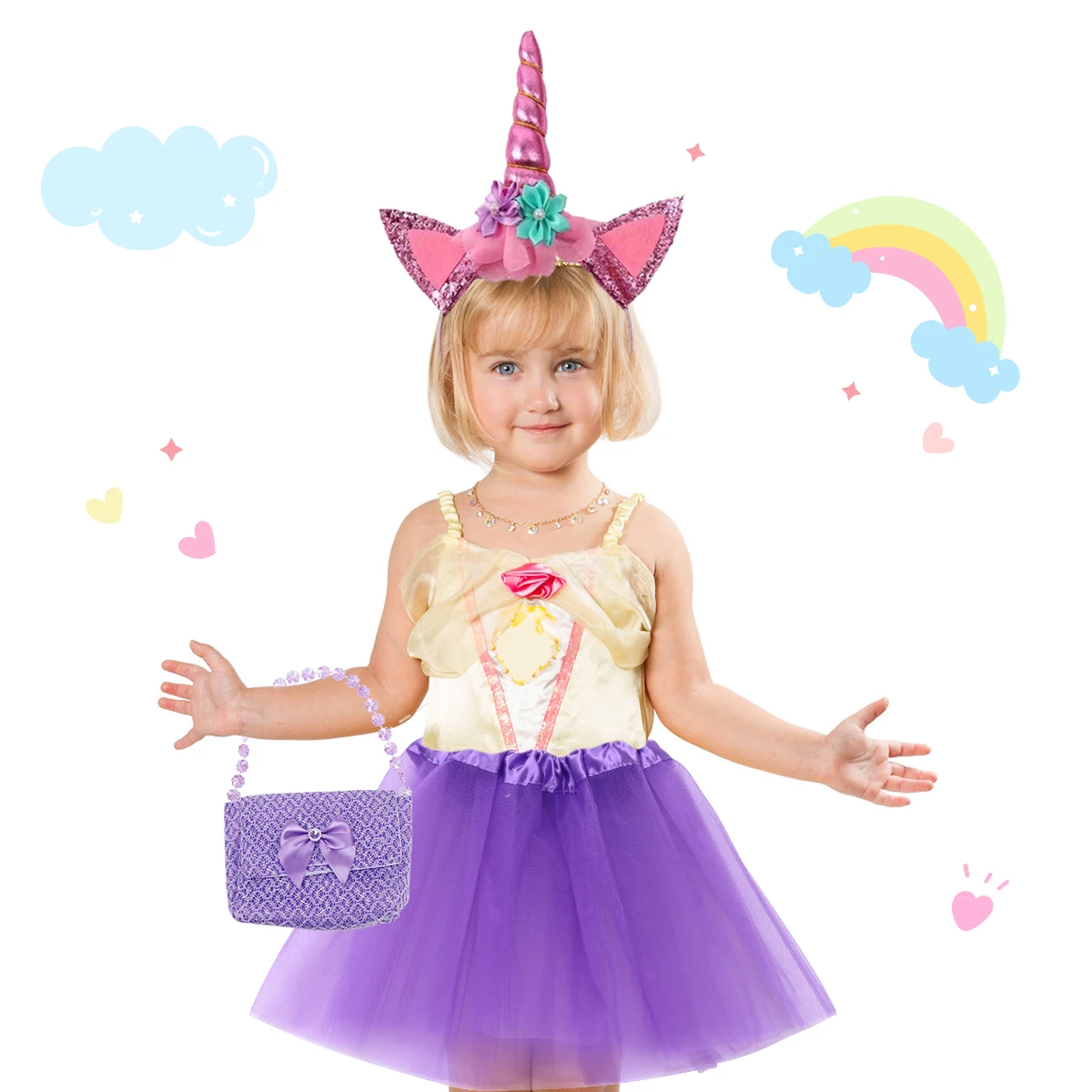 Princess chiffon dress handbag high heels unicorn headband accessory set