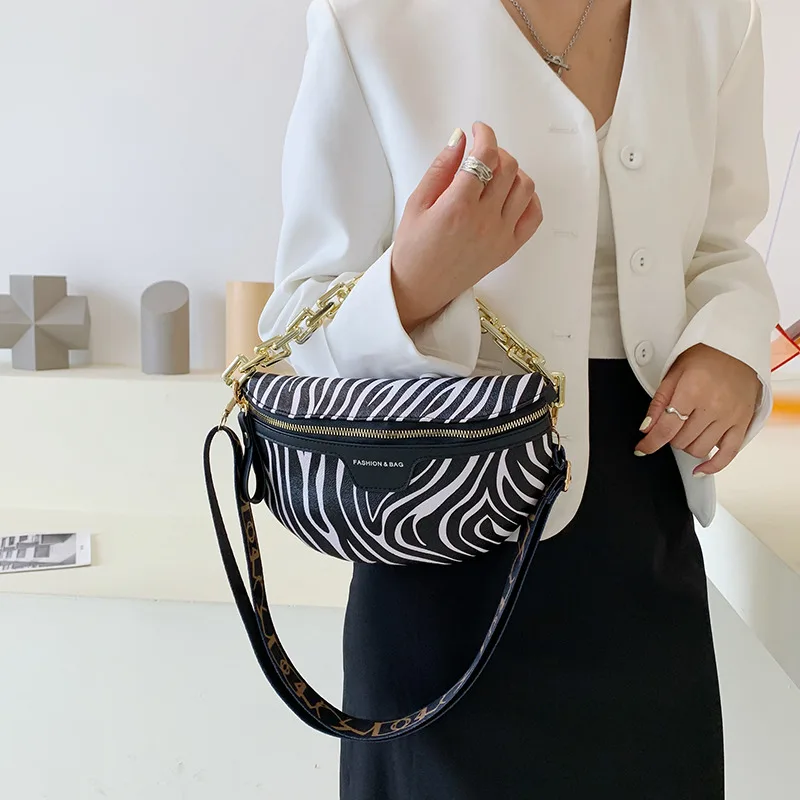 Designer Zebra Print Women Waist Bag Fashion Chain Handbags Female Shoulder Crossbody Chest Bag Suede Fanny Pack Banana Belt Bag