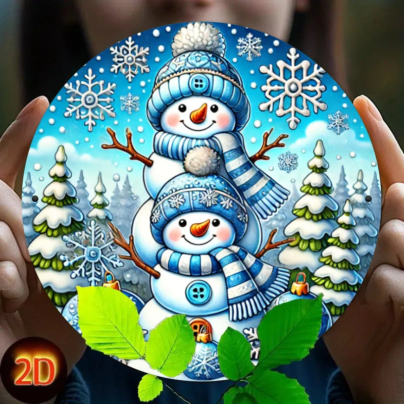 Cartel Metálico Redondo 2D Flat Festivo Muñeco de Nieve, Decoración Pared Resistente para Habitación Hogar Oficina