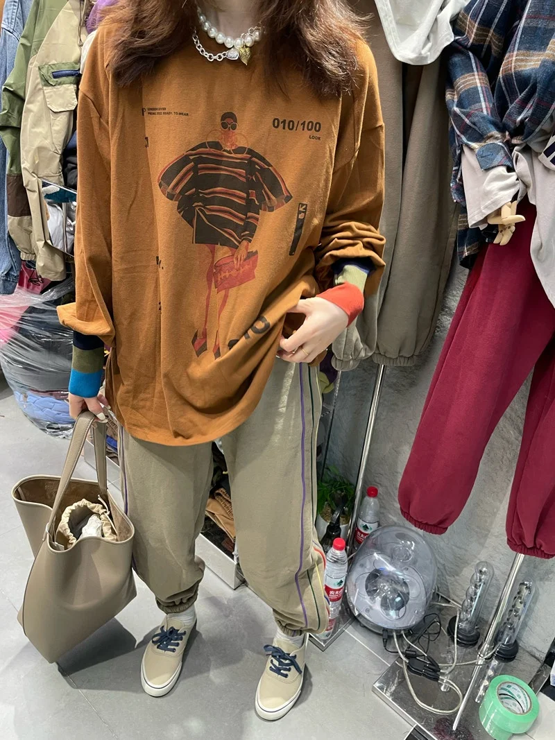 Loose Long Sleeve T-Shirt Women's Base Shirt Spring Autumn New Korean Version round Neck Letter Cartoon Pattern Patch Arm