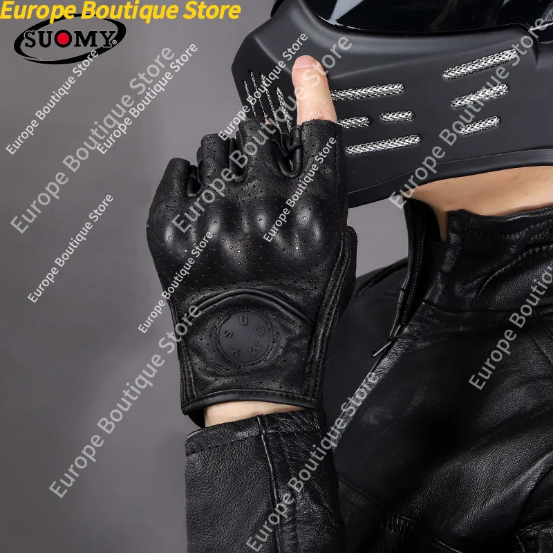 Retro Half Finger Motorcycle Gloves Genuine Leather Summer Anti Fall Breathable Riding Gear For Men Women view 4
