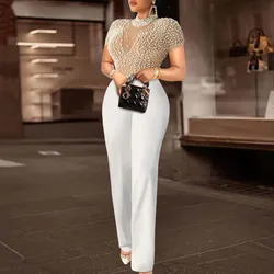 Elegant Jumpsuits & Rompers for Women O Nec Short Sleeve Beaded High Waisted Luxury Female Birthday Dinner Party Overalls Outfit