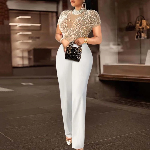 Elegant Jumpsuits Rompers for Women O Nec Short Sleeve Beaded High Waisted Luxury Female Birthday Dinner Party Overalls Outfit AliExpress