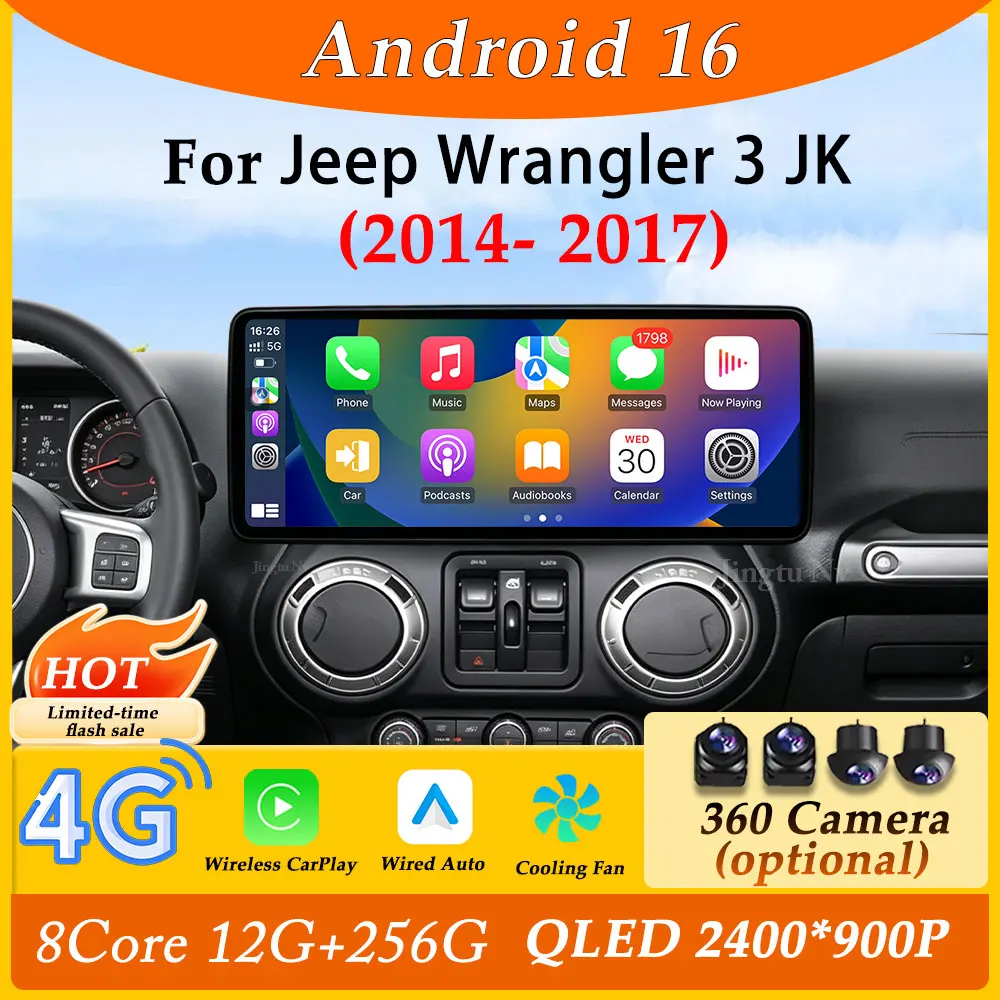 12.3 " Ultra-thin Screen for Jeep Wrangler 3 JK 2014 - 2017 CarPlay Android Car Radio Multimedia Player GPS Navi WIFI DSP Stereo