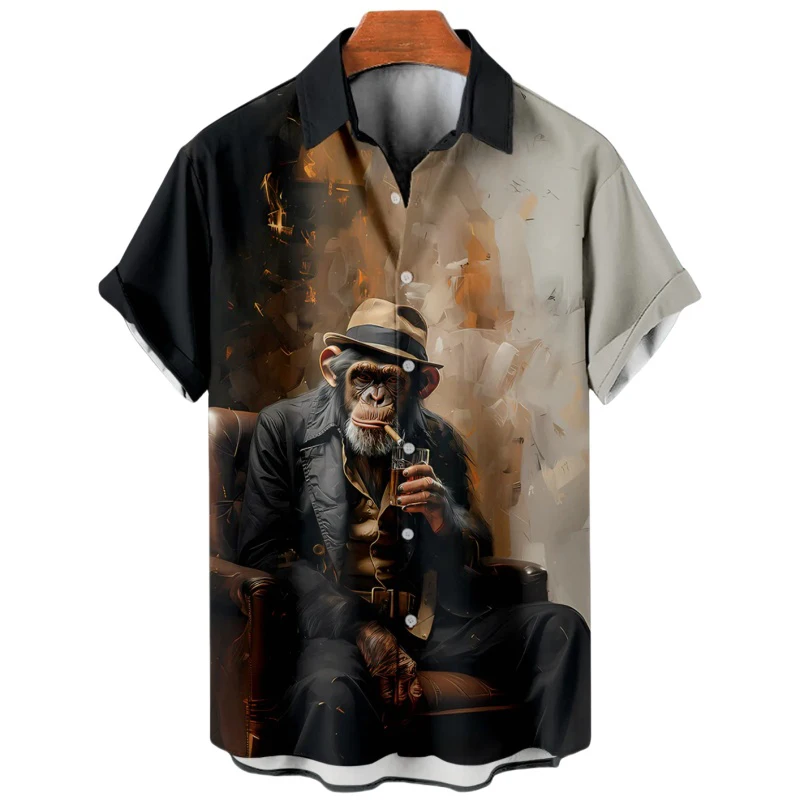 Summer Men\'s Orangutan Printed Shirt Short Sleeve Lapel Shirts Streetwear Animal Graphic Loose Shirts For Men European Size 5XL