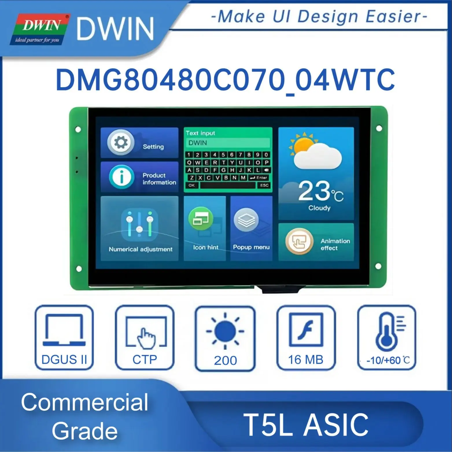 DWIN 7-calowy moduł LCD 800*480 RS232/TTL HMI komercyjny ekran dotykowy inteligentny wyświetlacz TFT UART DMG80480C070-04W