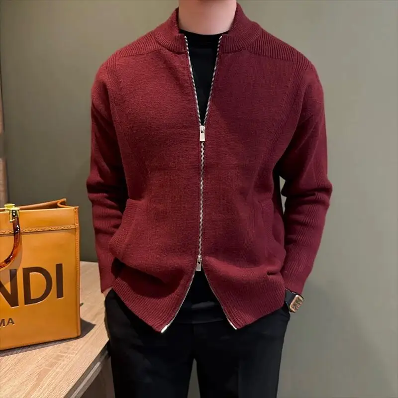Winter jacket top stand collar double zipper sweater 100% pure cashmere loose knit cardigan