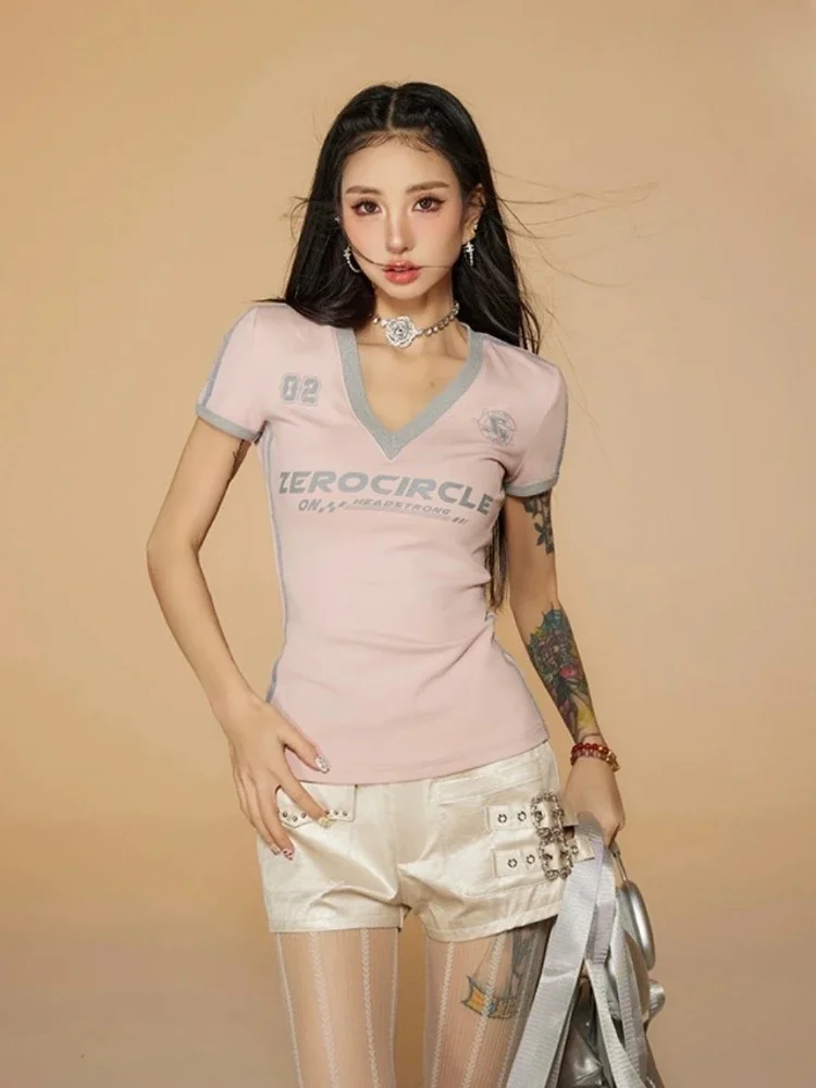HOUZHOU Y2k Patchwork Streetwear T Shirts Women American Retro Fashion Design Sexy Letter Print Slim Tees Tops E-grils Chic New