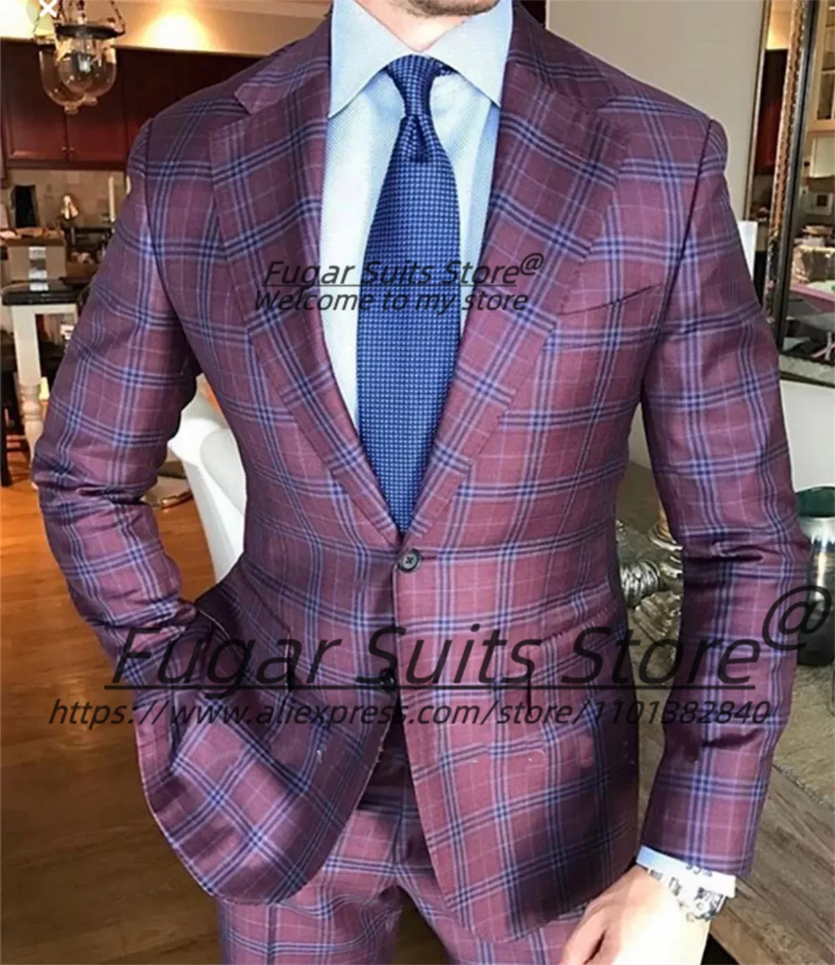 

French style Customized Plaid Men Suits Slim Fit Notched Lapel Groom Formal Tuxedos 2 Pieces Sets Male Blazers Prom Ropa Hombre