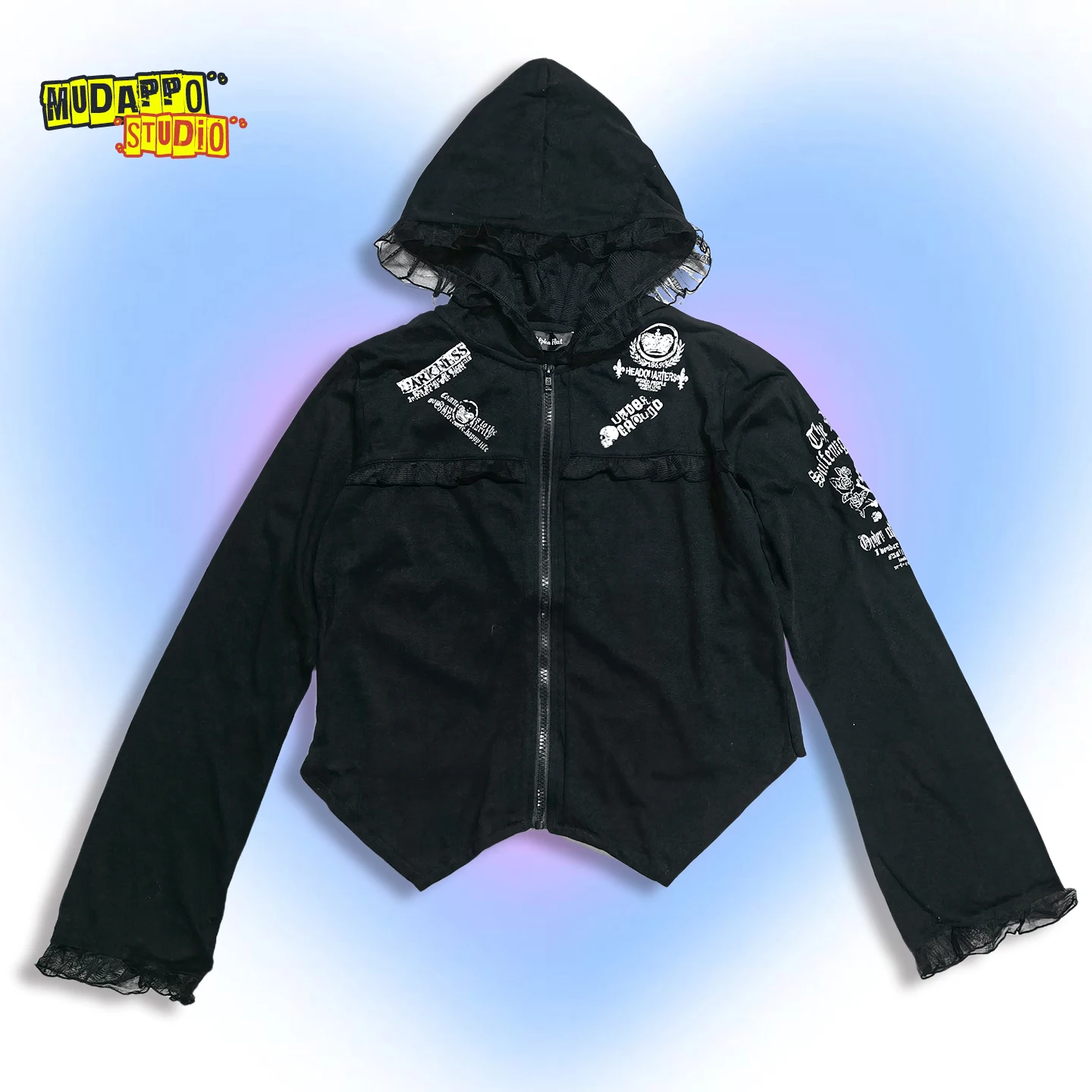 

Gothic Punk Style Skeleton Print Lace Trimmed Short Hoodie Jacket Large Size Cotton Polyester Blend Women's Outerwear