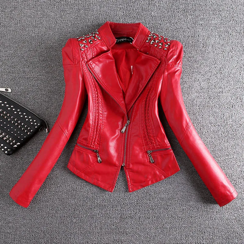 

Nice New Fashion Black Motorcycle Leather Jacket Women Rivet Zippers Biker Leather Coat Female Outerwear M-4XL R742