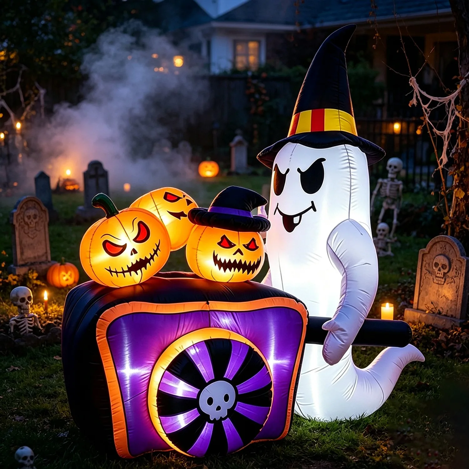 1.5m Halloween Inflatable Ghost Pumpkin Cart with LED Lighted Inflatable Figures for Outdoor Garden Party Decorations