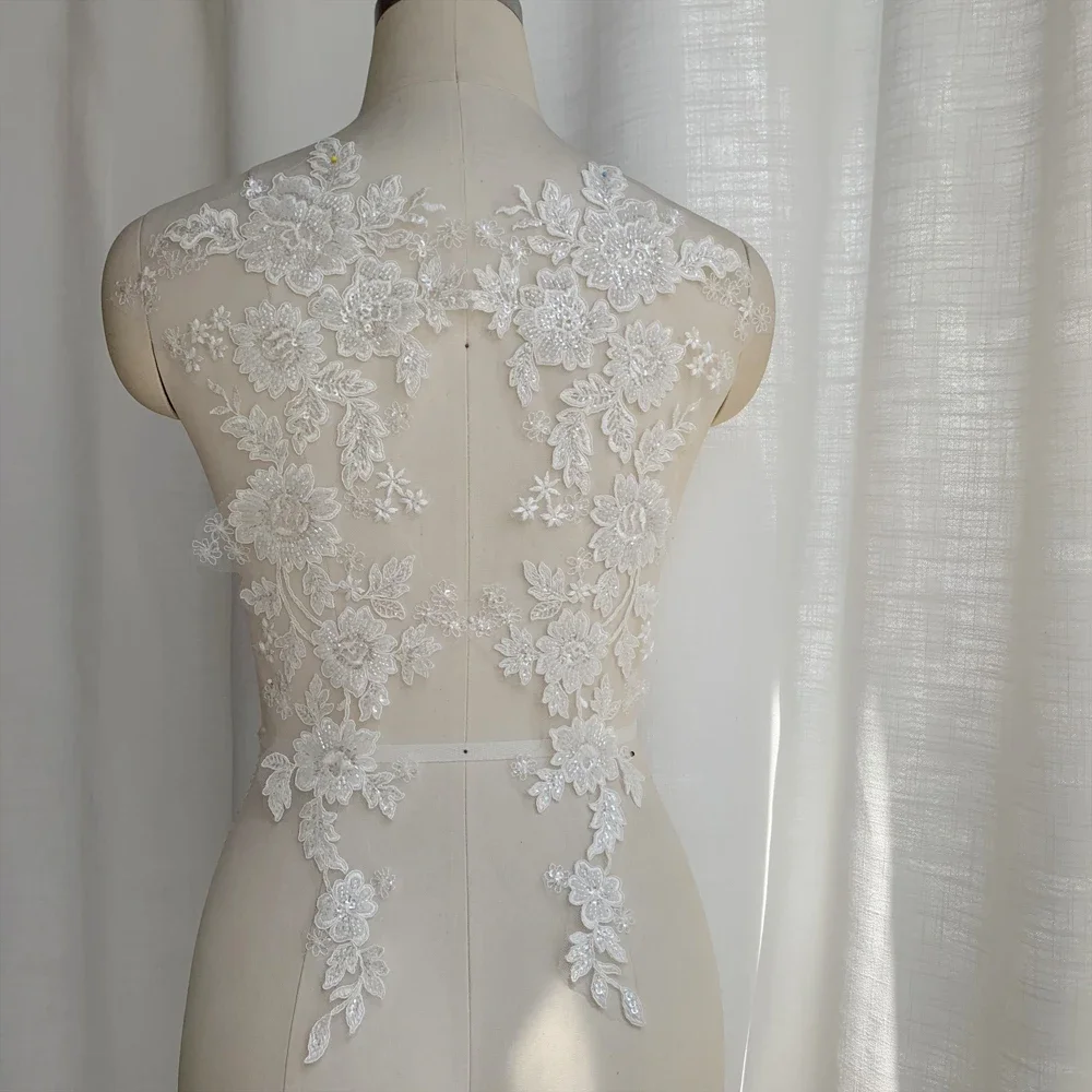 1 Paar, cremefarbene Rayon-Perlen-Pailletten-Blumen, bestickte Spitze, Spiegel-Applikation, Aufnäher, DIY-Hochzeitsaccessoires, Nähen, 48,5 x 19 cm