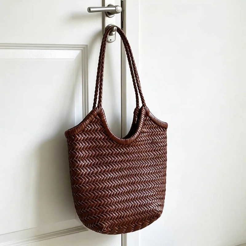 new niche fashion women's bag Split leather hand-woven tote bag cowhide vintage French holiday portable shoulder bag