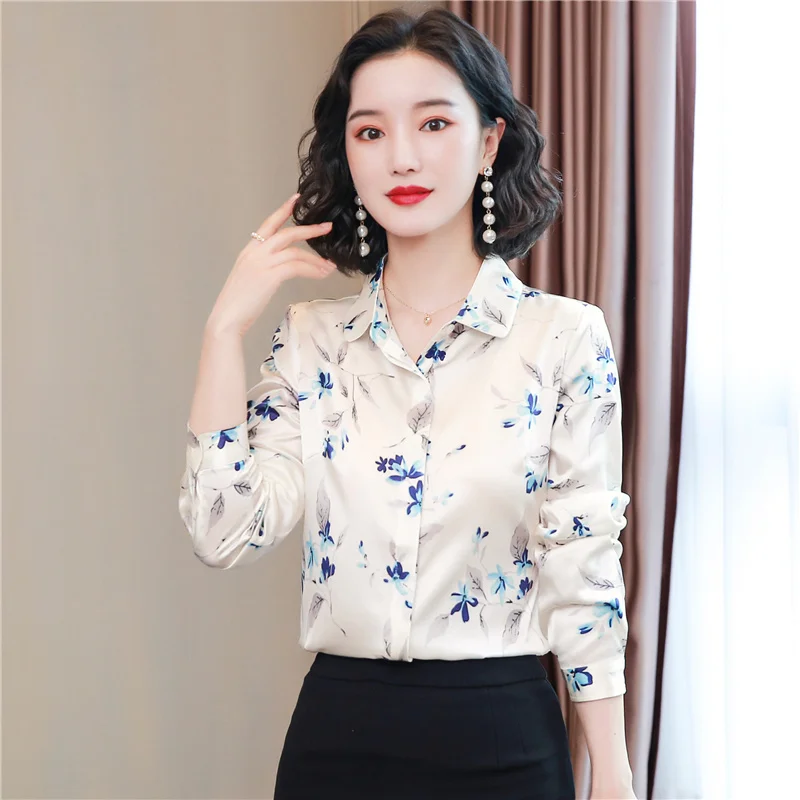 S-4XL White Flower Women\'s Satin Silk Shirt Blouse Korean Fashion Long Sleeve Print OL Work Shirt Elegant Female Tops Clothing