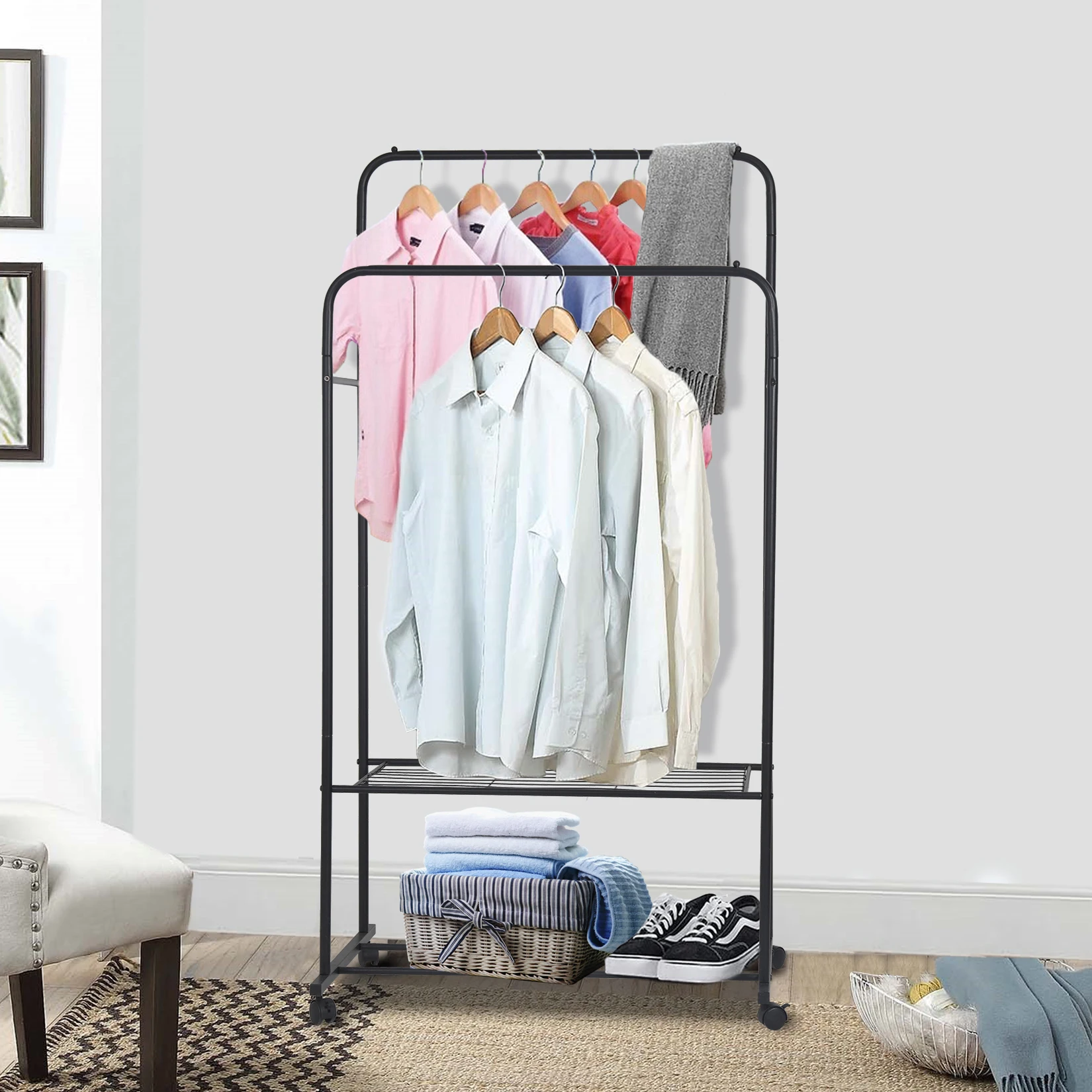 1.5m Large Clothes Rack Double Rail Rolling Stand Shoes Rack Storage Shelf White