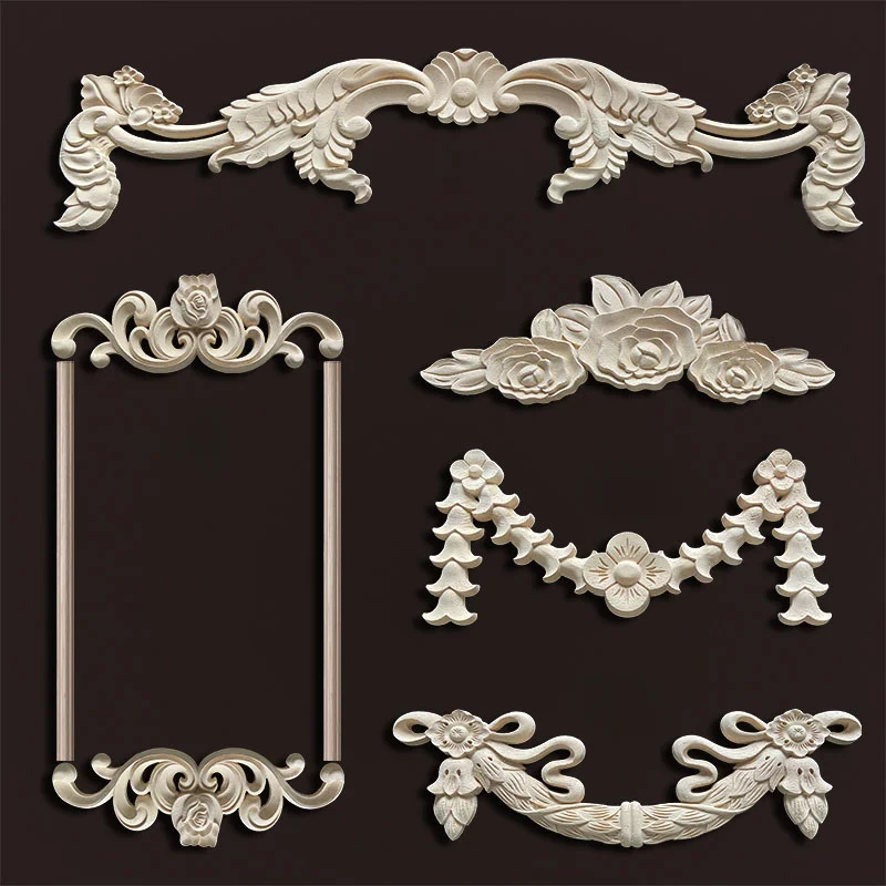 Wood Appliques Molding Carved Decal Corner Onlay Room Decor Item for Home Decoration Furniture Cabinet Orietal Flower Crafting