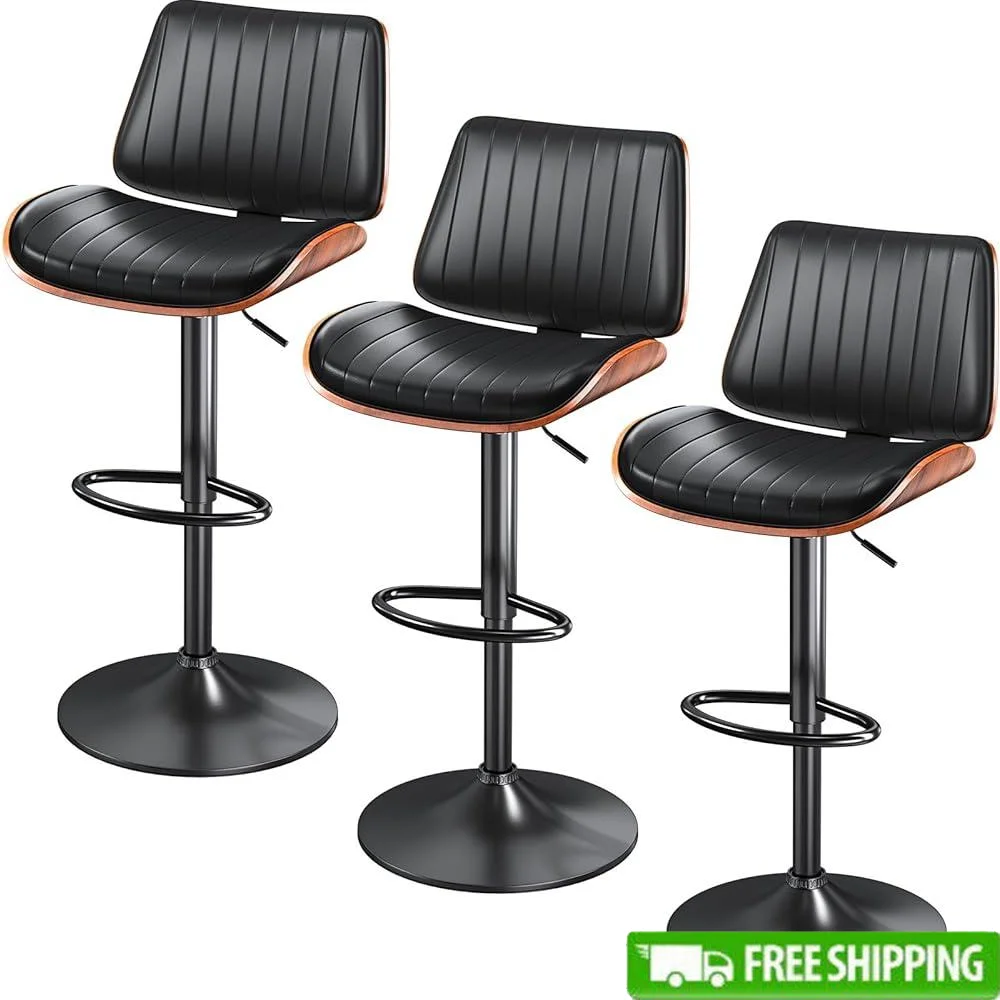 Set van 3 moderne barkrukken 360 °   Draaibare, in hoogte verstelbare keukentellerkrukken Comfortabele lederen zitting Gebogen houten rug Antislip