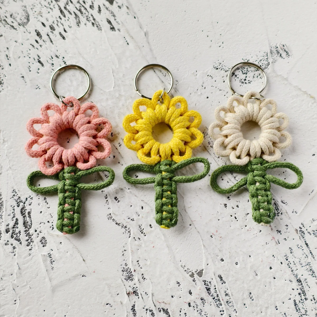 Handmade Macrame Flower Keychain,Boho Hanging Ornament for Car Rearview Mirror & Home Wall Decor