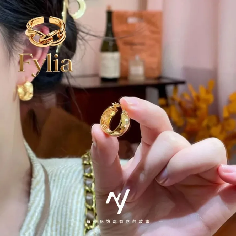 Fylia Jewelry   Xiaohongshu's same style crushed ice 9999 24K real gold earrings, earrings for women, fashionable versatile ear