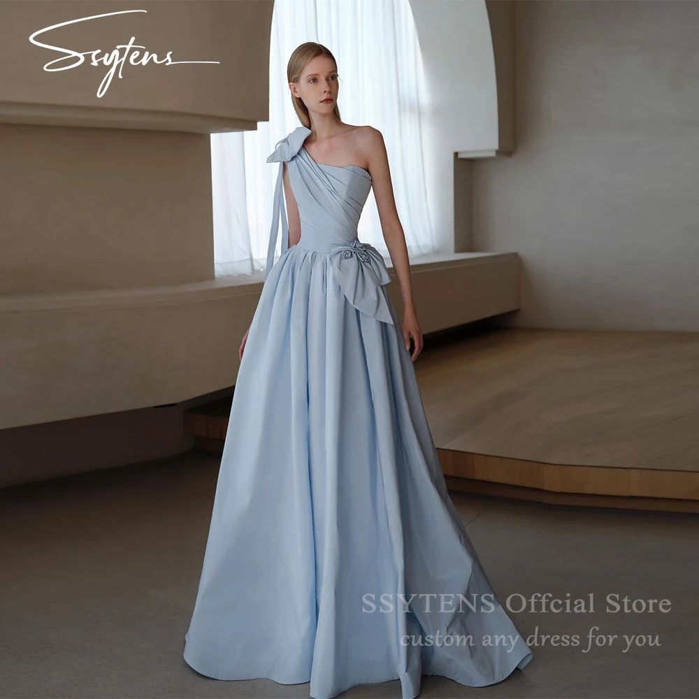 SSYTENS Elegant Blue Evening Dresses Wedding Prom Gowns One Shoulder Bow A line Long Birthday Party Dresses Corset Customized