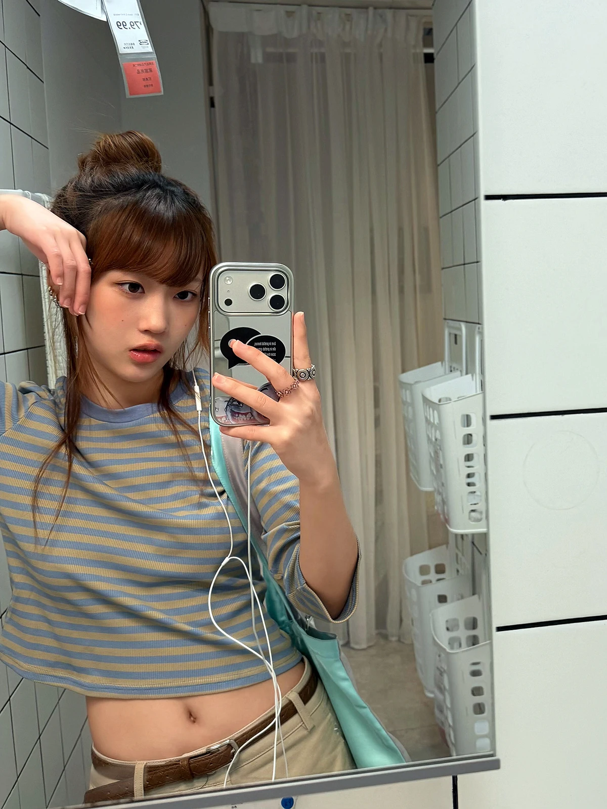 Slim Fit Striped round Neck Short Sleeve T-Shirt Sakura Korean Style Casual Shirt Color Block Shoulder Length Cotton Top