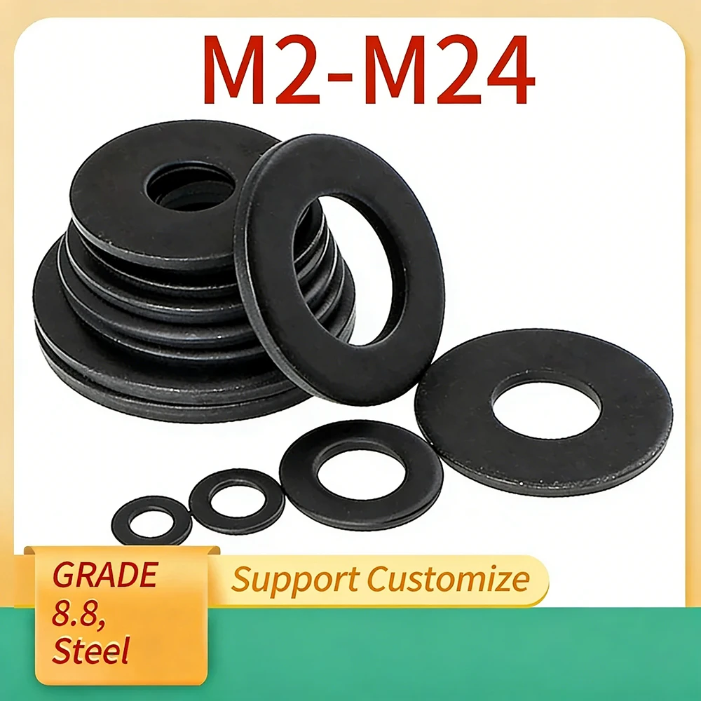 5/10/25/50Pcs M2 M2.5 M3 M4 M5 M6 M8-M24 GB97 Black Grade 8.8 Carbon Steel Flat Washer Plain Gasket Pad Support Customize