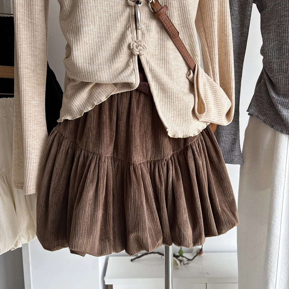 Caramel Sweet Corduroy Puffy Flower Bud Half Skirt Women's High Waist Anti-Light A-Line Short Skirt Teenage  Style