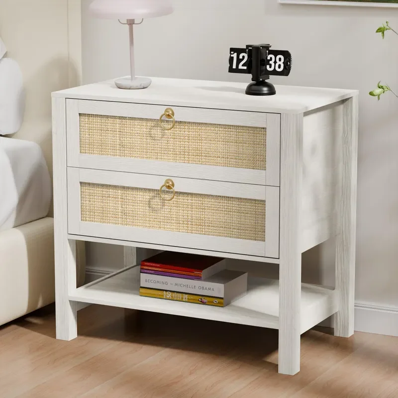 Rattan Bedside Table with Two Drawers and Storage Rack Gold Handle Nightstand for Bedroom Home Furniture Decor