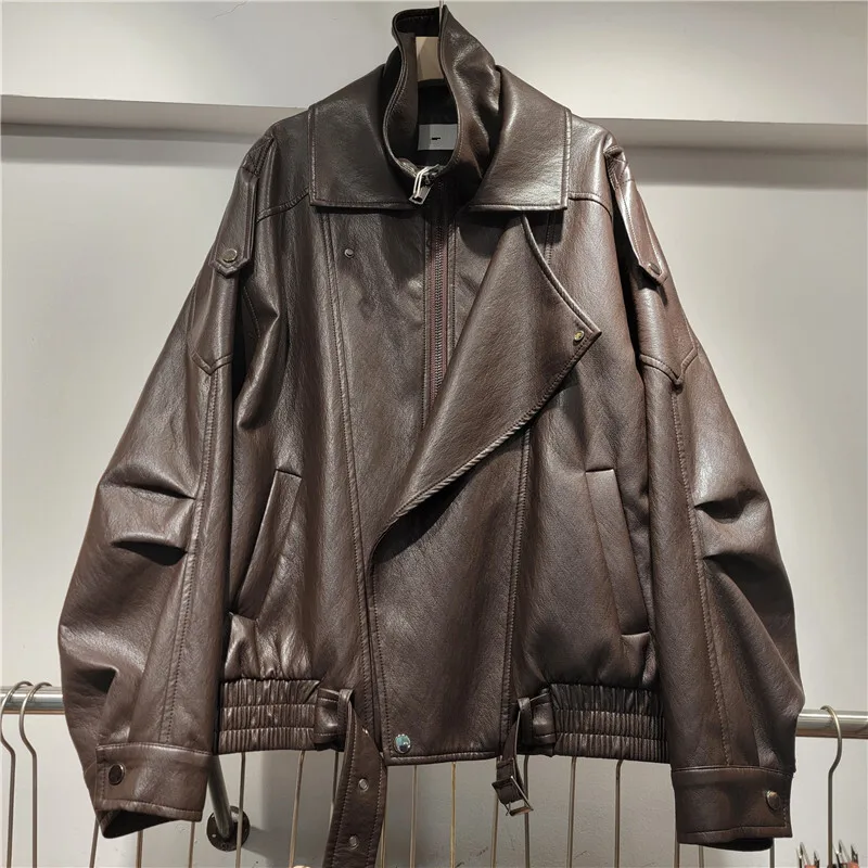 WTHT Fashion 2025 Autumn Women's Heavy Industy Leather Loose Coats Trendy Solid Color Stand Collar Jackets Female 1LS2362