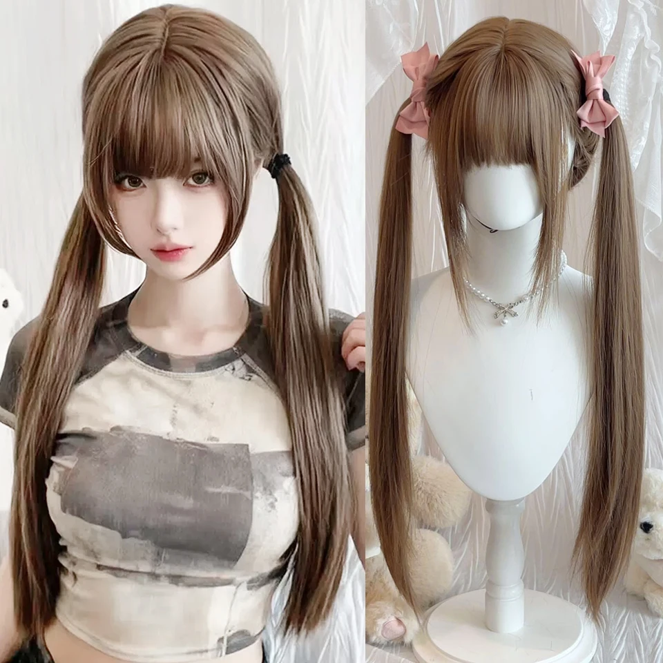 30 Inch Brown Synthetic Lolita 2 Ponytail Wigs Bangs Wig Heat-Resistant Natural And Smoot Daily Wear Cos For Women