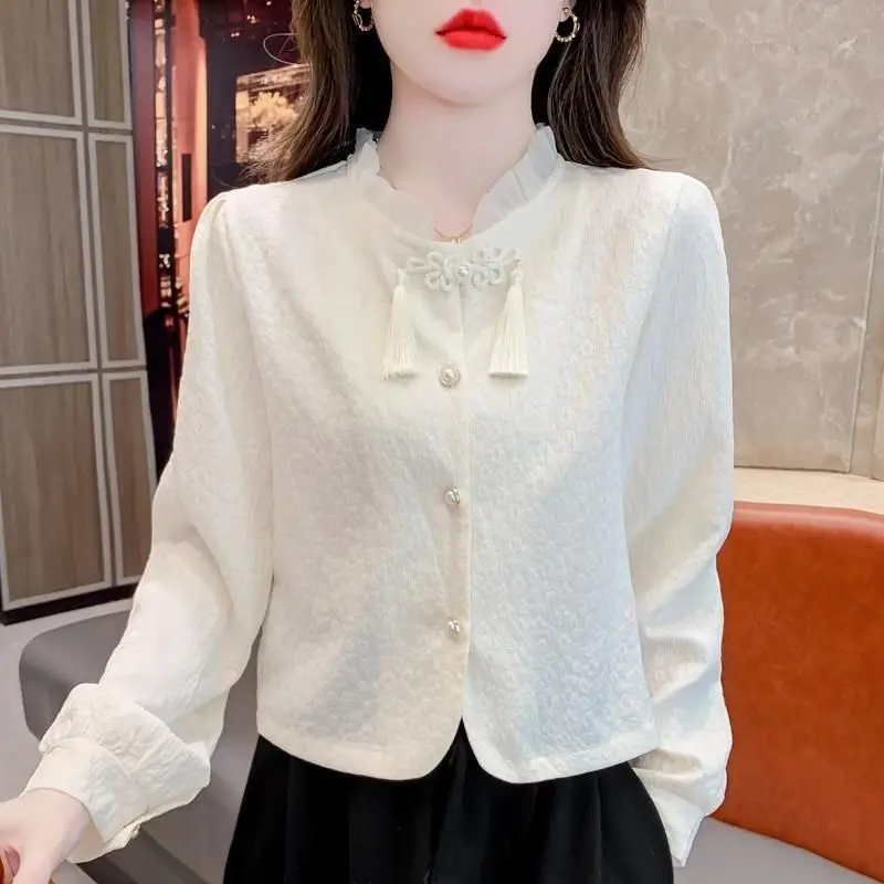 2026 chinese national retro style women jacquard long sleeve shirt cheongsam buttoned stand collar short elegant tang suit top