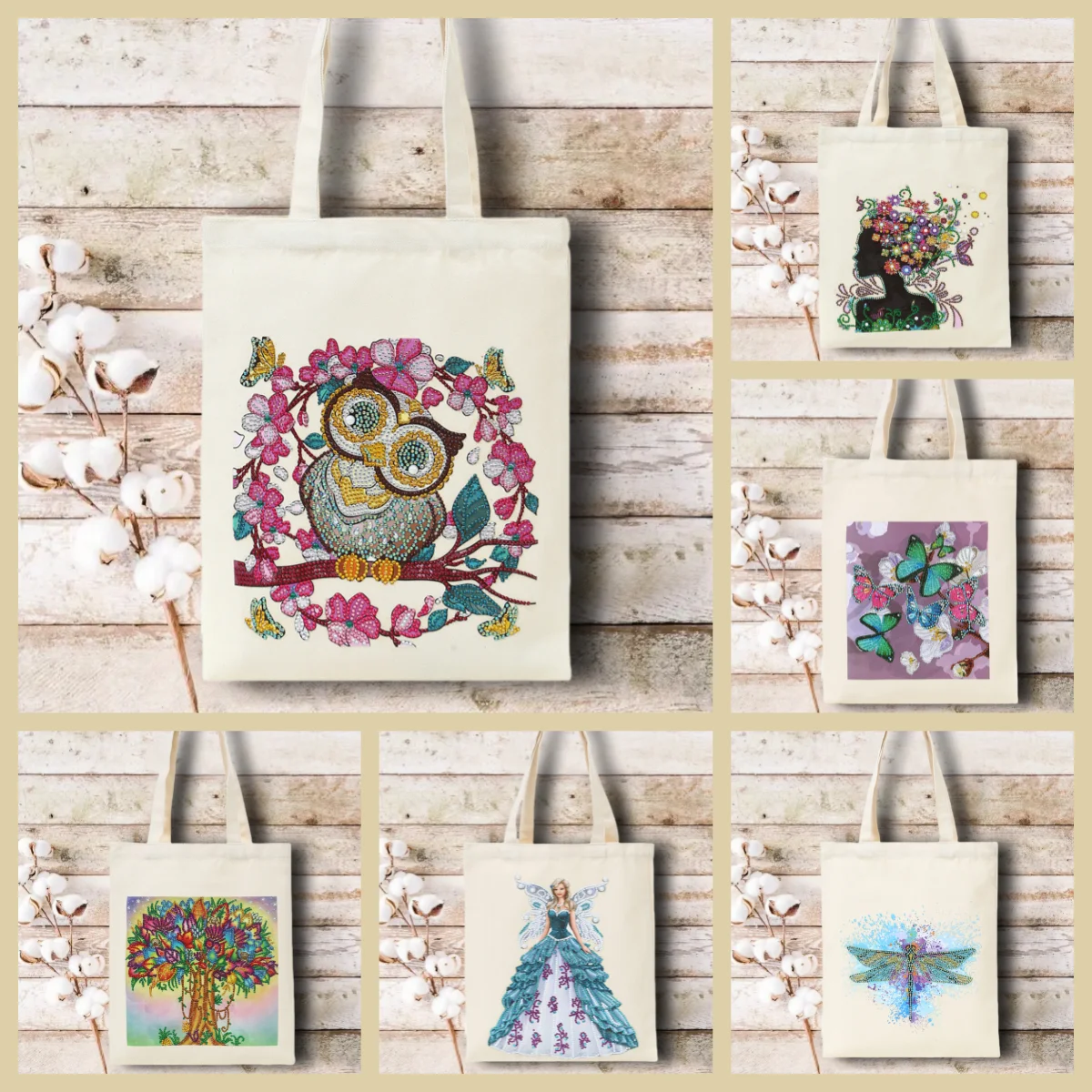 1 DIY Diamant-Malerei-Set, Einkaufstaschen mit Figuren-/Pflanzen-/Tiermustern und Kristallwasser-Diamant-Leinwand-Reisetaschen