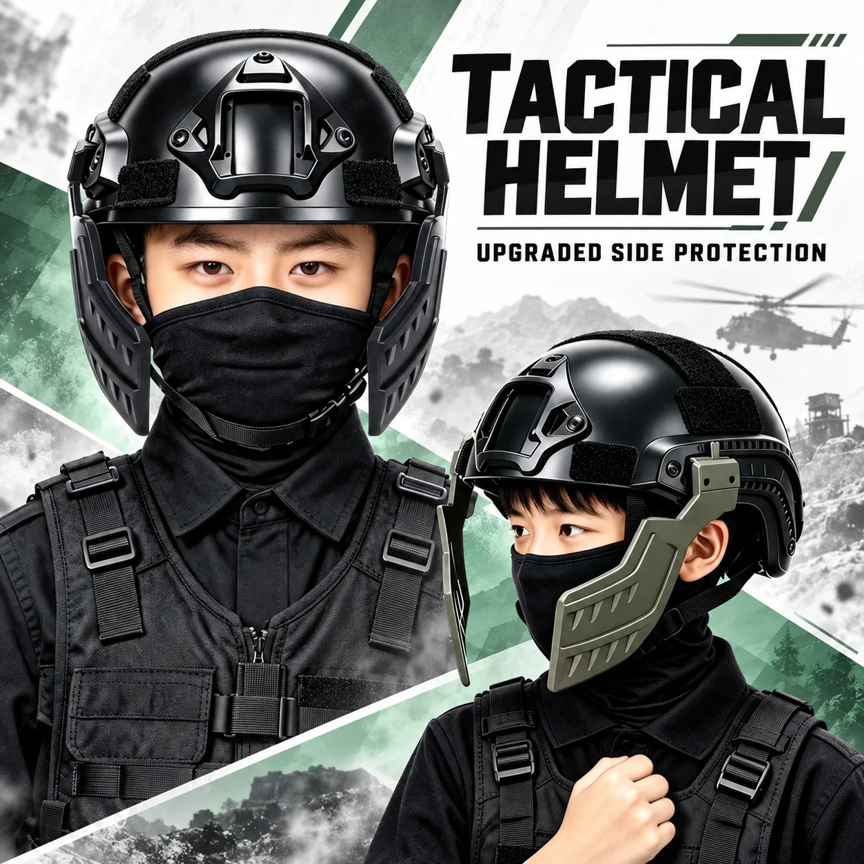 Kids Tactical MICH Helmet Set with Quad-Tube Night Vision Goggle Model Black Side Wings Airsoft CS Cosplay Toy Gift for Boys
