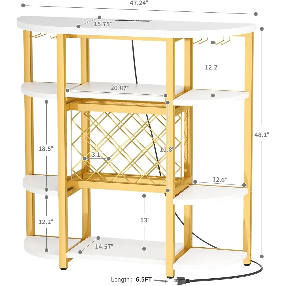 Unikito Gold Wine Bar Table with Outlet and LED Lights, Modern Coffee Bar Cabinet for Liquor and Glass, Freestanding Wine Rack