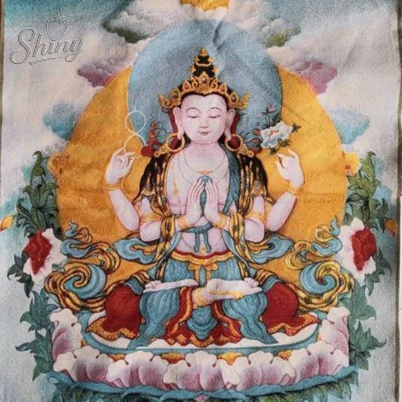 35.4″ Four-Armed Avalokiteshvara Bodhisattva Brocade Tibetan Tangka Embroidery Painting Gold Thread Embroidery Hanging Pictures