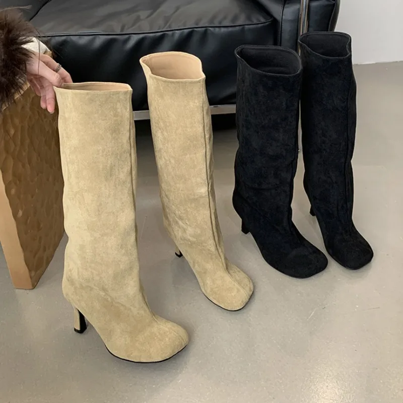 New Retro Women Shoes Suede Knee High Boots Elegant French Style High Heel Designer Boots Daily Party Footwear Zapatos De Mujer