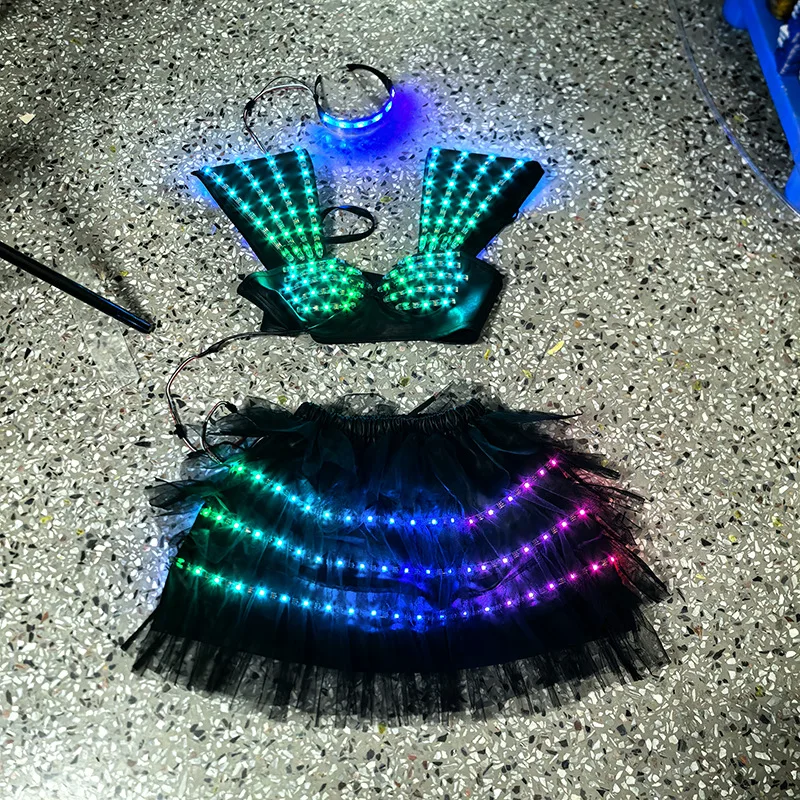 Damen-Show, LED-Leuchtkostüm, Oberrock, 2-teiliges Set, Brille, Fantasie, Bühnenauftritt, Nachtclub, Sänger, Party, Rave-Outfit, Neu