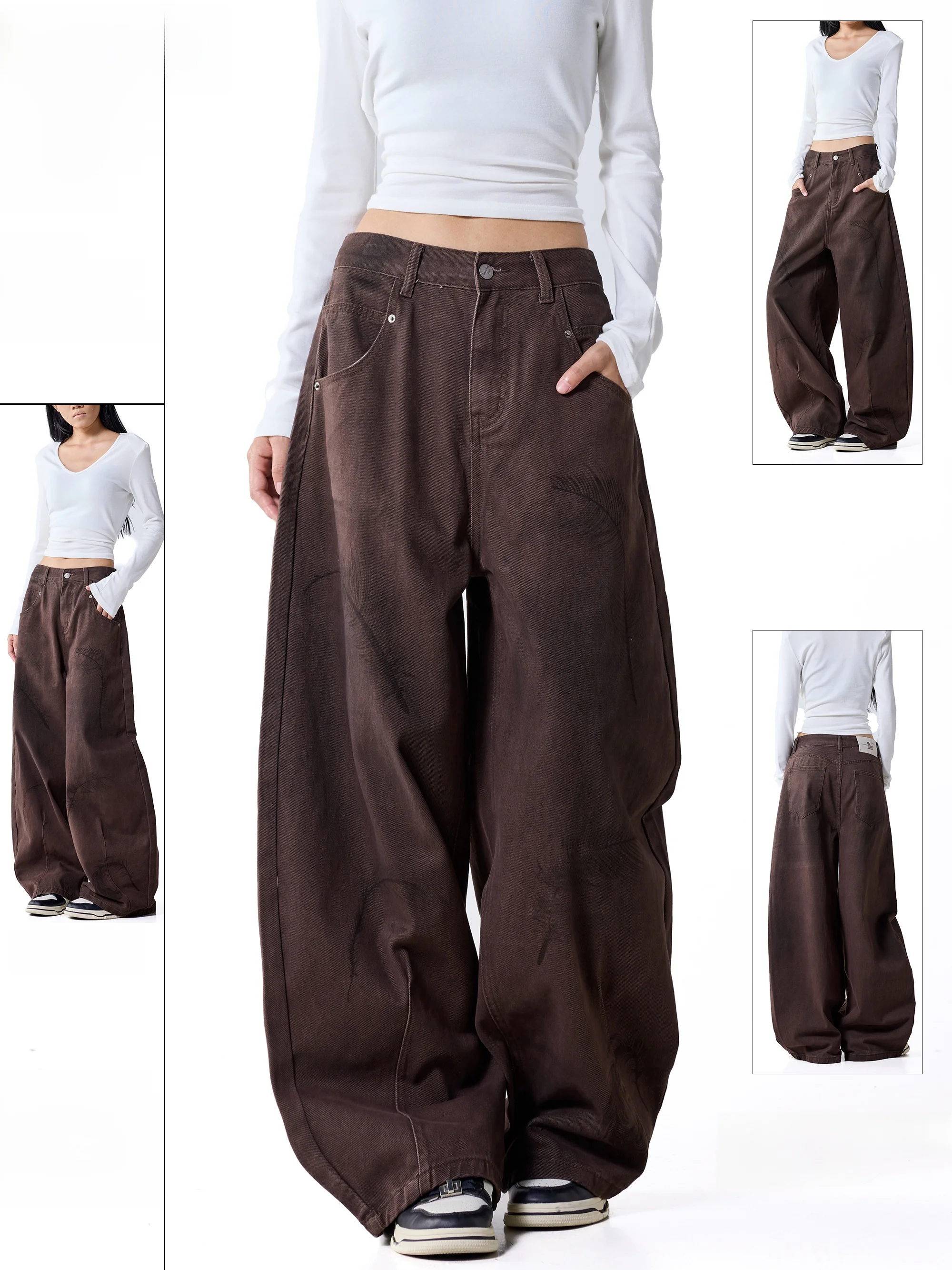 Retro Washed Cotton Wide Leg Pants Women's Knife  Denim Autumn Fashion Trendy Deep Color Feather Print High Waist Jeans