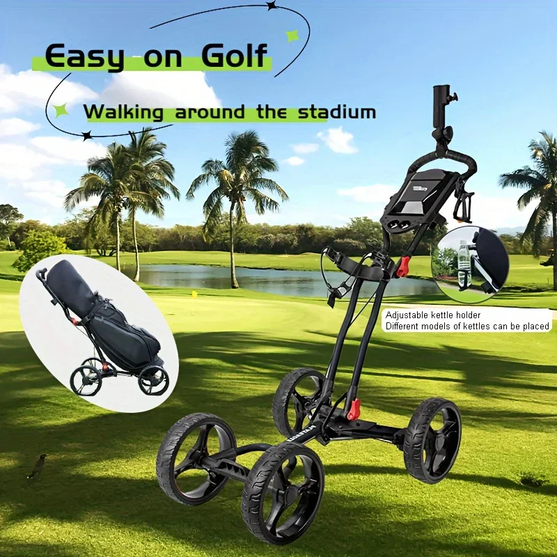 Golf Accessories Foldable 4 Wheels Golf Trolley Golf Bag Pull Push Cart with Bottle Umbrella Stand 4 Wheel Golf Push Cart