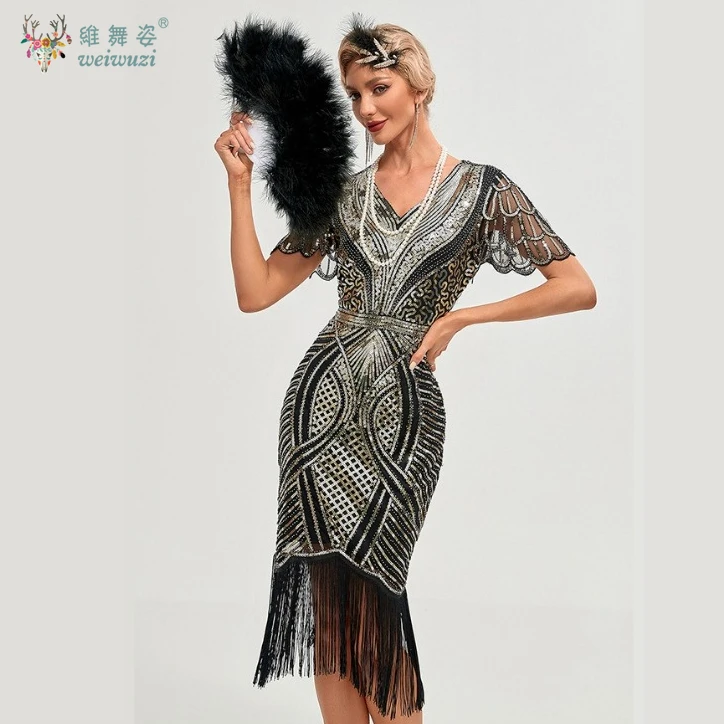1920년대 우아한 V넥 비즈 프린지 드레스 여성 빈티지 파티 시퀸 바디콘 세미 시어 레이스 슬리브 칵테일 이브닝 드레스