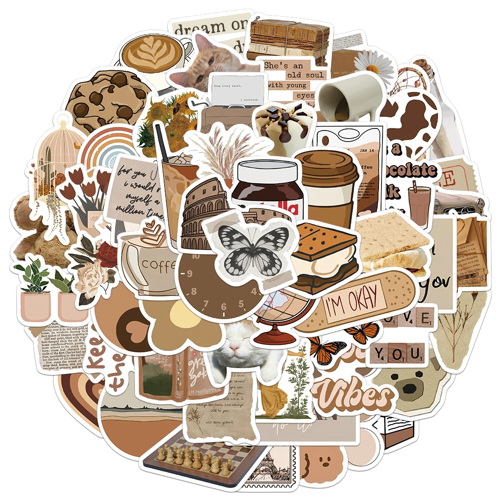 

60/120PCS Creative Brown Aesthetics INS Style Cute Cartoon Simplicity Poster Handmade Decoration Material DIY Poster