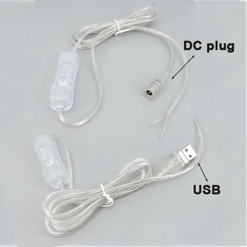 2M 22awg transparent Power supply USB DC 5-12V Cable male Female switch button Connector extension Cord for LED Neon Strip Light