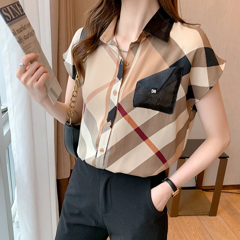 Summer Women's Short Sleeved Lapel Casual Flying Sleeve Printed Versatile Chiffon Tops Womens Blouse Camisas Blusas Mujer A968